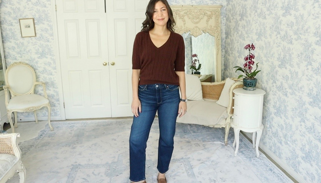 New jeans for fall! 🍁 I’m going back to Paige for denim this season, and I’ve chosen their ankle straight jean for its versatility and timeless cut. These jeans are the perfect transitional piece, easy to pair with all of my fall boots and ballet flats as we shift into cooler days. 👢🥿
I’ve styled them with this elegant short-sleeve cashmere v-neck in a rich raisin shade. The color is a beautiful nod to autumn, even though the weather hasn’t quite cooled down yet. It’s amazing how textures and colors can help you feel the season, even before it fully arrives.
This outfit is simple, refined, and effortlessly chic—perfect for embracing early fall while staying cool and comfortable. 🍇✨
What fall colors are inspiring your wardrobe right now? Let me know in the comments. 💬
#TenItemWardrobe #FallFashion  #LTKFall #DailyConnoisseur 


#LTKSeasonal #LTKStyleTip #LTKOver40