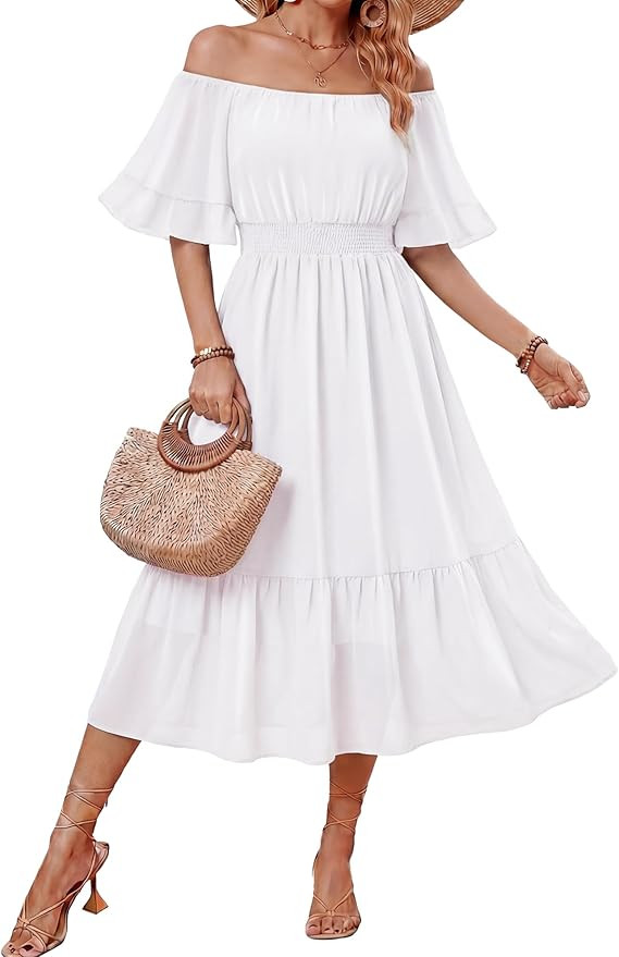 Women's Summer Boho Off Shoulder Midi Dress Ruffle Sleeve Smocked Elastic Waist Flowy Dresses | Amazon (US)