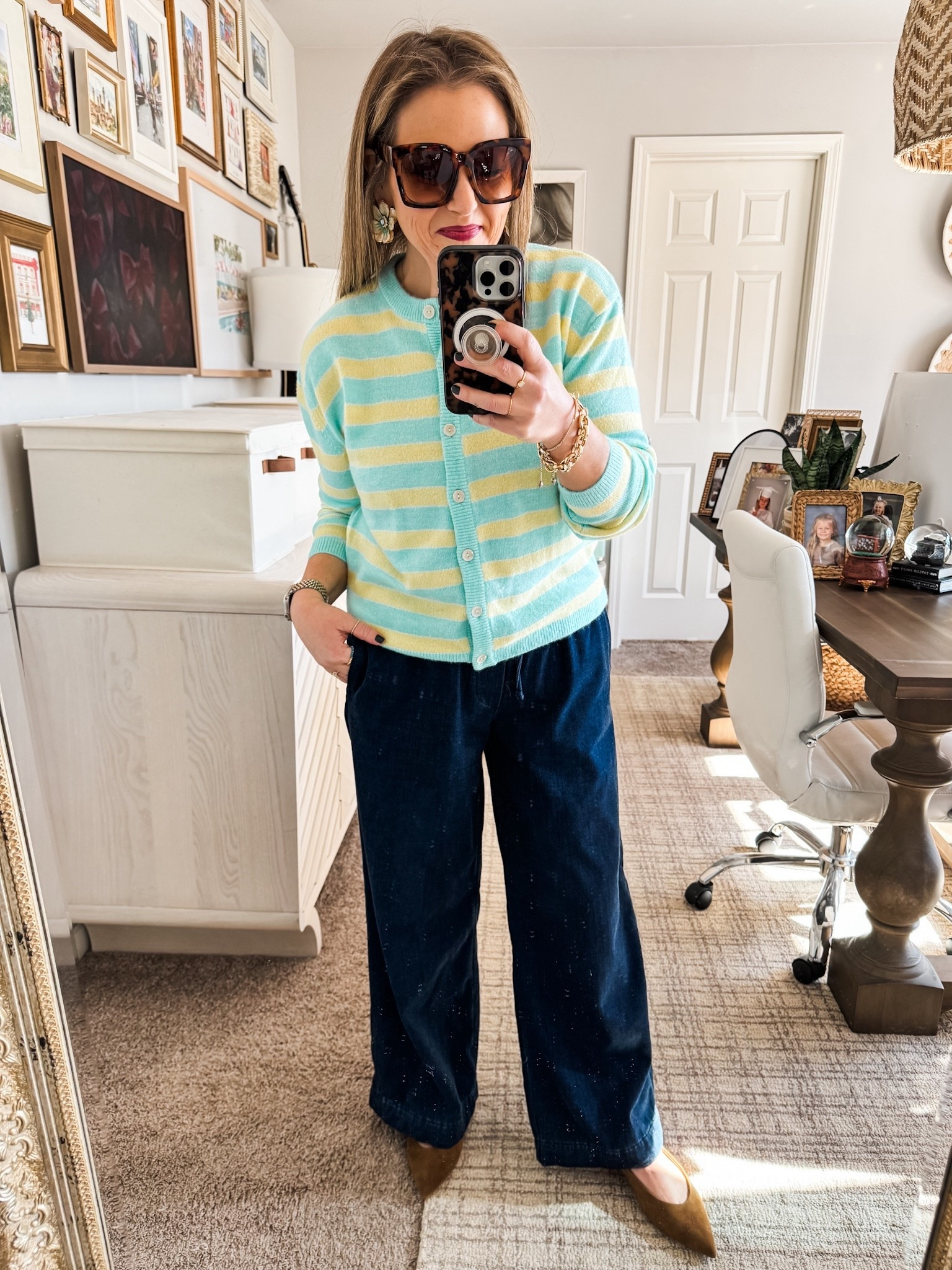 This darling striped cardigan sweater is 30% off today (just over $20!) so I grabbed it in the blue color combo, too! Pink and red would be perfect for February. 5’3” and wearing a S in the cardigan and a S in the wide leg pull on jeans. 

#LTKSaleAlert #LTKootd #LTKFindsUnder50