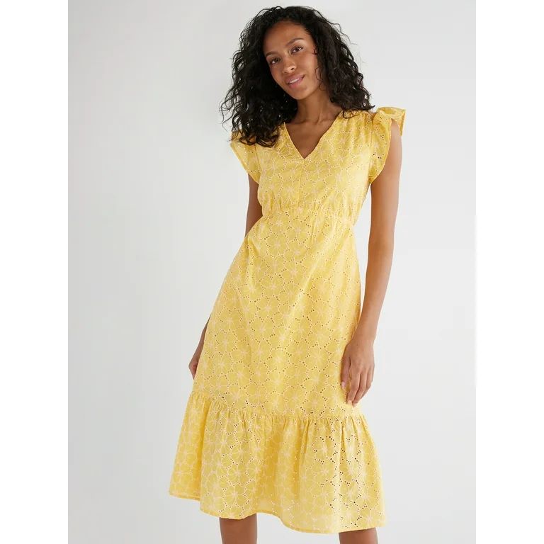 Time and Tru Women's Floral Eyelet Dress with Flutter Sleeves, Sizes XS-XXXL | Walmart (US)