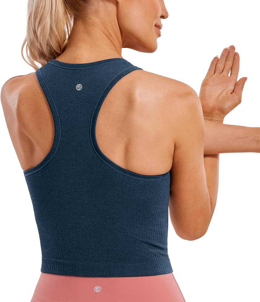CRZ YOGA Womens Seamless Ribbed Longline High Neck Sports Bra - Racerback Padded Slim Fit Crop Ta... | Amazon (US)