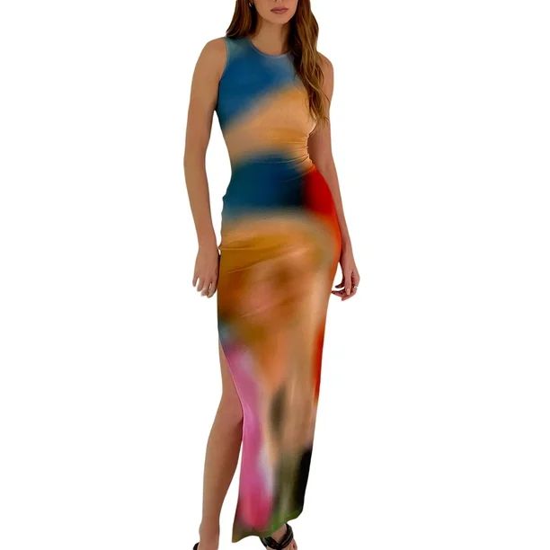 Womens Sexy Ribbed Tie Dye Slim Fit Side Split Maxi Dress Summer Evening Party Bodycon Long Dress | Walmart (US)