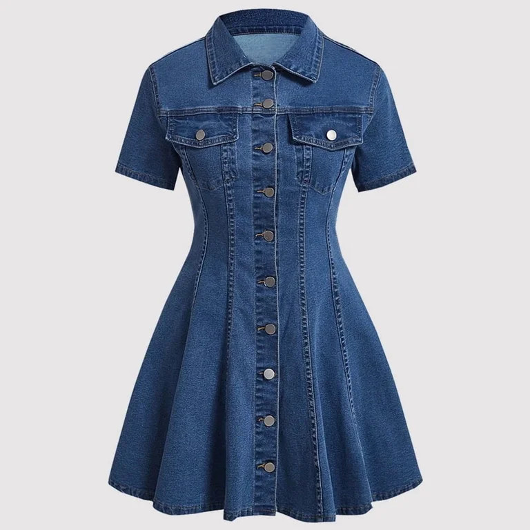 Women Denim Dress Button Down Close Short Sleeve A-Line Cotton Jean Dress XXL | Walmart (US)