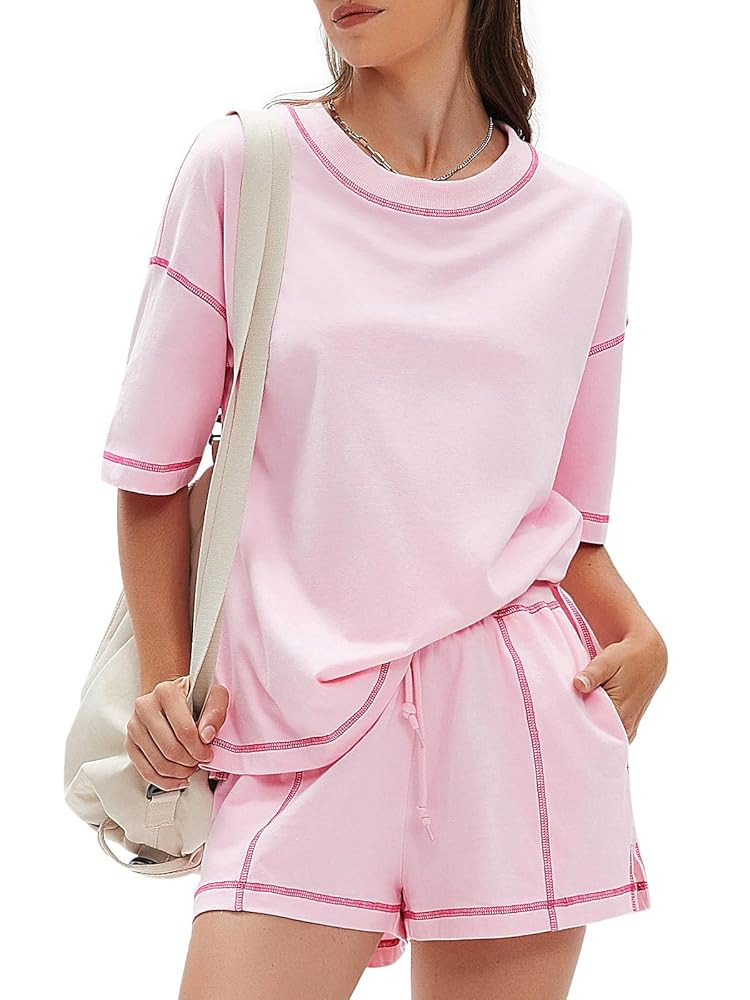 EXLURA Women's Casual Summer 2 Piece Sets 100% Cotton Short Sleeve Tshirt and Shorts Matching Swe... | Amazon (US)