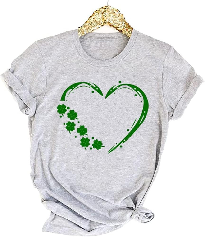 Womens St Patrick's Day Clover T-Shirt Shamrock Heart Graphic Tees Get Lucky Shirt Irish Tops | Amazon (US)