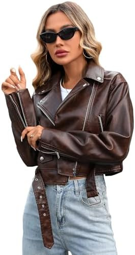LY VAREY LIN Women Faux Leather Cropped Jacket Lapel Zipper Biker Short Coat with Belt | Amazon (US)