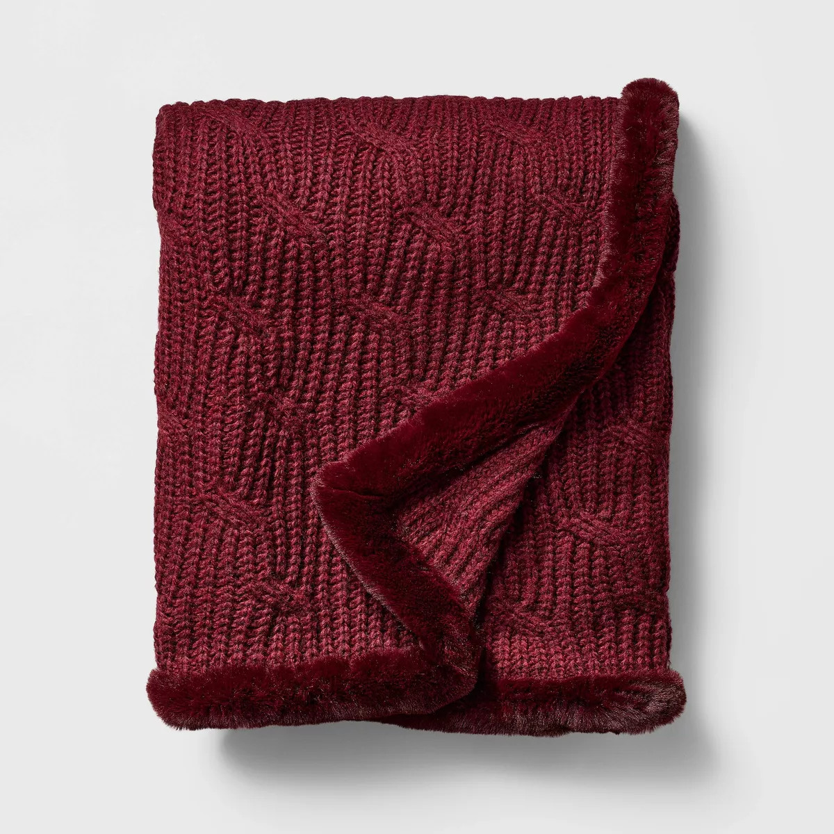 Burgundy Cable Throw Blanket with Faux Fur Trim - Threshold\u2122 designed with Studio McGee | Target