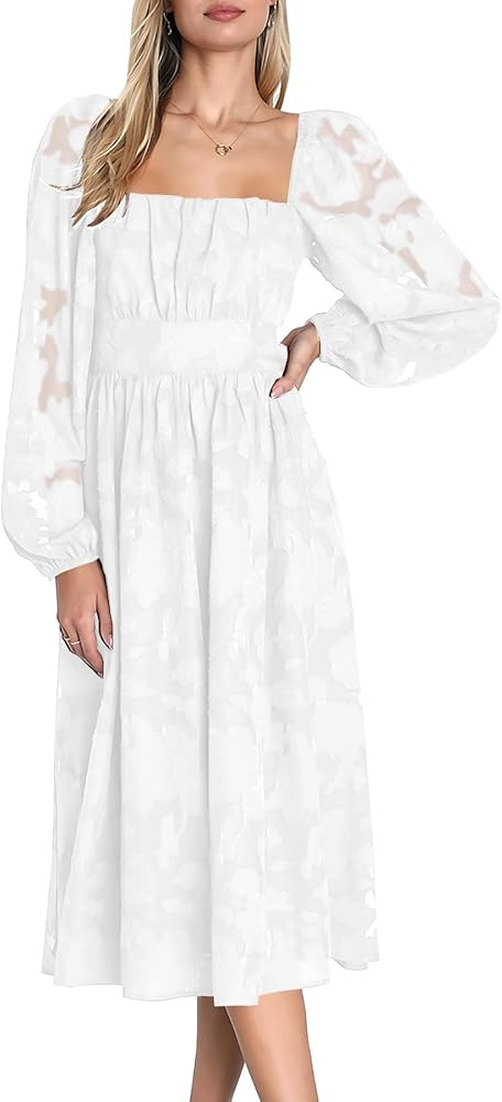 Ferlema Women's 2023 Fall Dresses Floral Lace Long Sleeve Elastic High Waist A Line Flowy Party M... | Amazon (US)