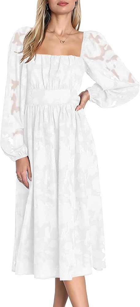Ferlema Women's 2023 Fall Dresses Floral Lace Long Sleeve Elastic High Waist A Line Flowy Party M... | Amazon (US)