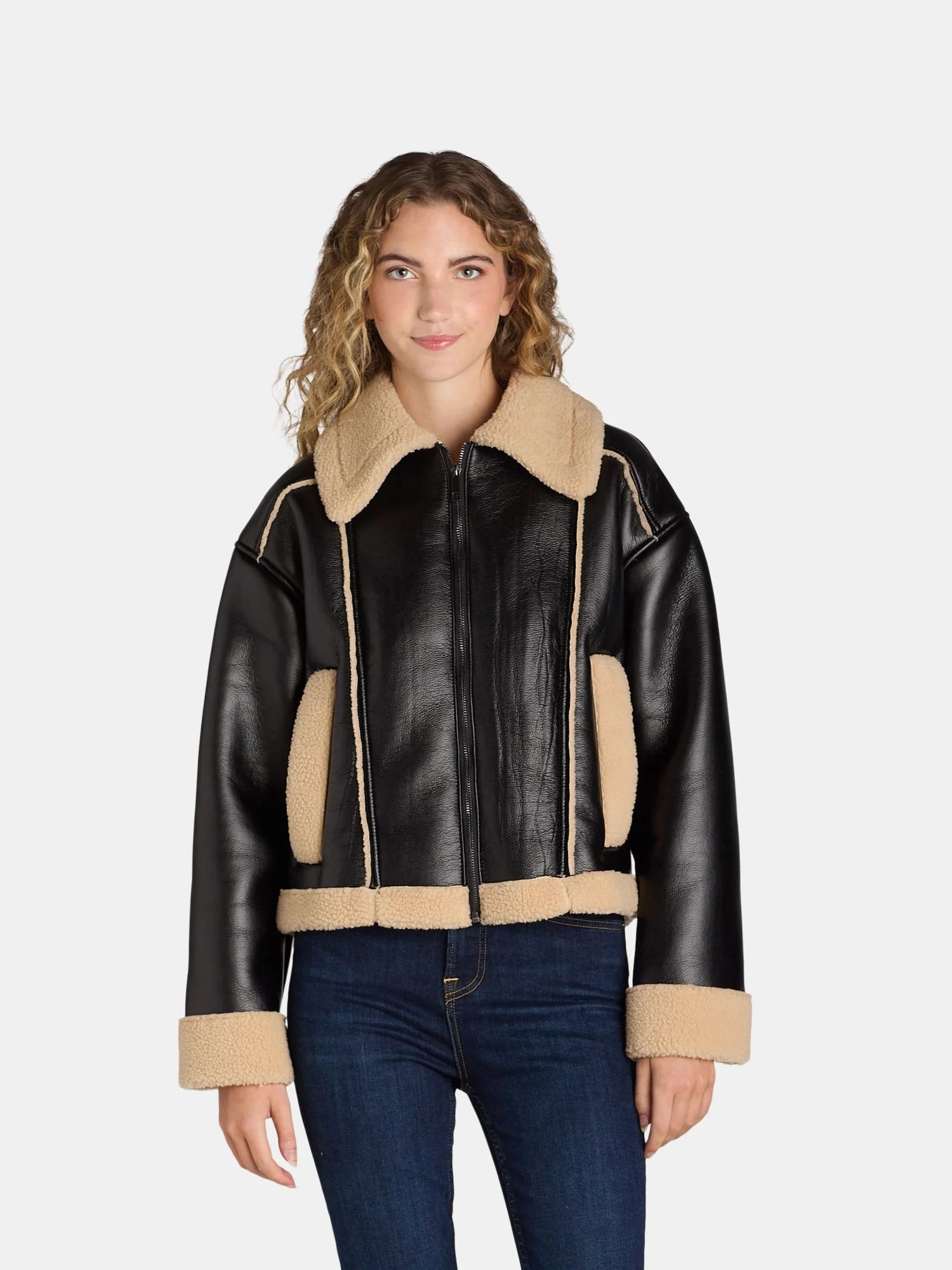 Time and Tru Women's and Women's Plus Bonded Faux Shearling Bomber Jacket, Sizes XS-3X | Walmart (US)