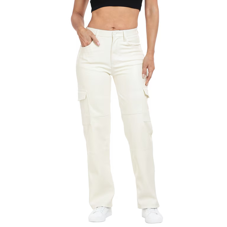 HDE Women's High Waisted Faux Leather Cargo Pants with Pockets Cream White 27 | Walmart (US)