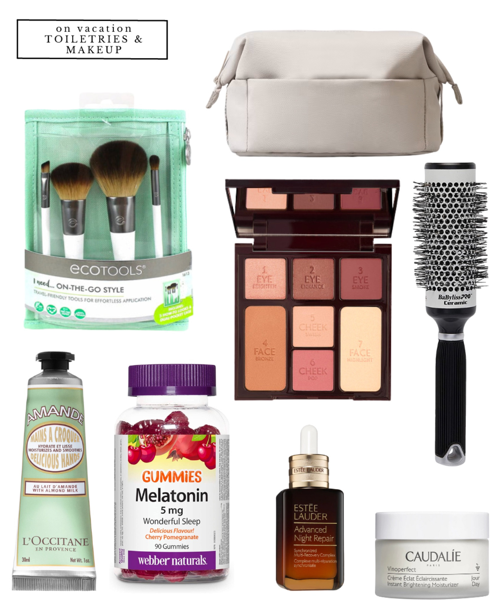 Travel outfit ideas - makeup and toiletries for spring vacation to Europe // toiletry bag, makeup bag, makeup brush set, eyeshadow palette, round hair brush, hand cream, night serum, jet lag gummies, daily moisturizer  

#LTKtravel #LTKbeauty #LTKunder50