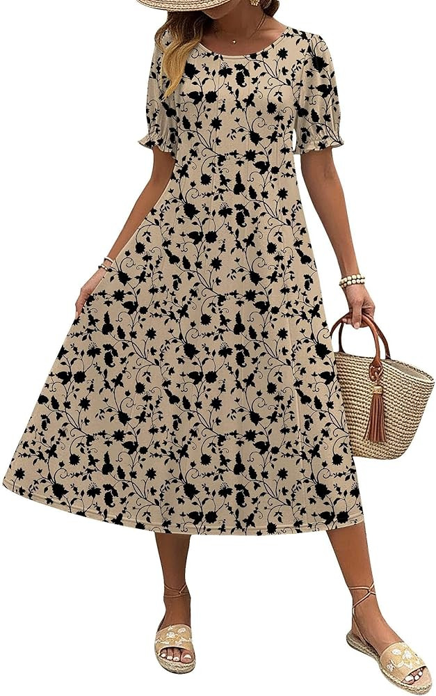 Zeagoo Womens Summer Dress Casual Midi Dresses 2026 Short Puff Sleeve Flare Dress Pleated Flowy S... | Amazon (US)