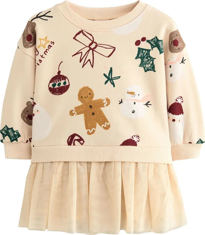 Kids' Christmas Print Mixed Media Long Sleeve Sweatshirt Dress | Nordstrom