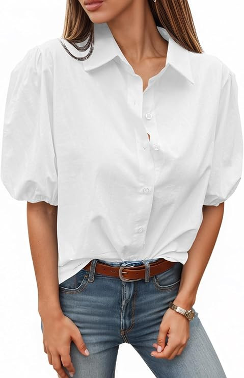 Tankaneo Women's Button Down Shirts Short Puff Sleeve Collared Dressy Casual Blouse Tops | Amazon (US)