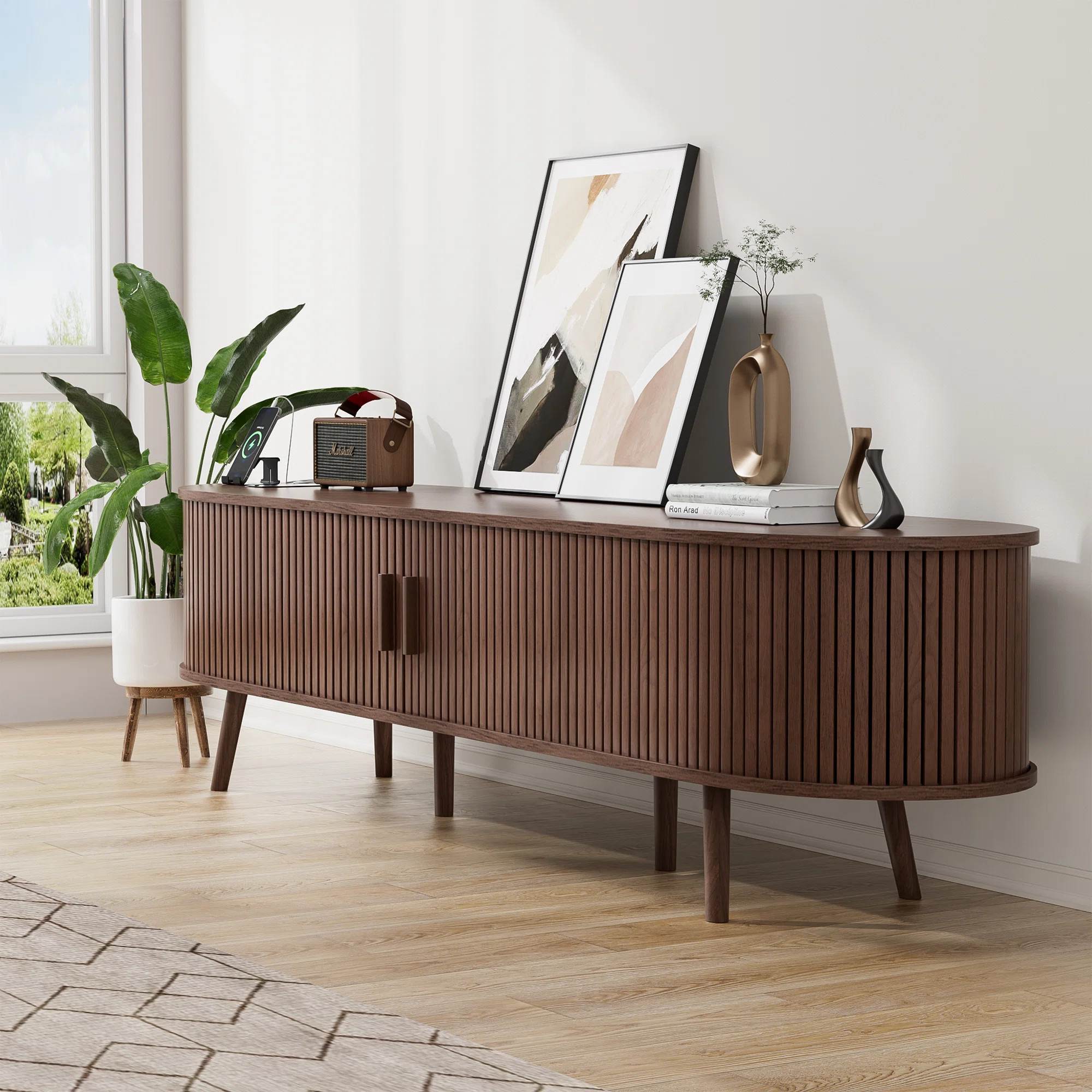 TV Stand With 2 Drawers And Shelves Designed To Fit 55"- 80" Tvs. TV Unit with Power Outlet, Wood... | Wayfair North America