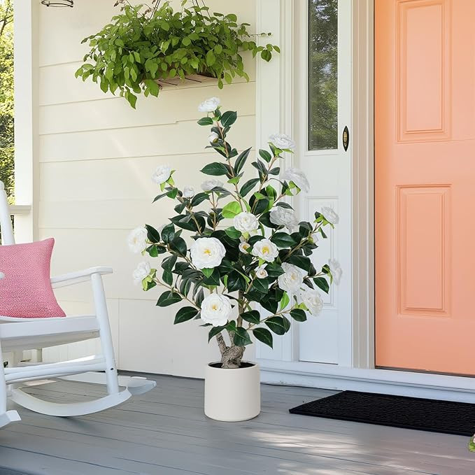 39 inch White Fake Camellia Tree with White Planter - 3.2 Ft Tall Artificial Tree,Large Faux Plan... | Amazon (US)