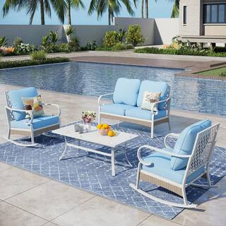 White 4-Piece Metal Outdoor Patio Conversation Seating Set with Rocking Chairs, Marbling Coffee T... | The Home Depot