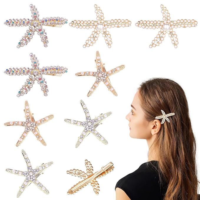 8 Pcs Starfish Hair Clip Seashell Hair Clips, Pearls Crystal Hair Clips, Bride Wedding Head Piece... | Amazon (US)