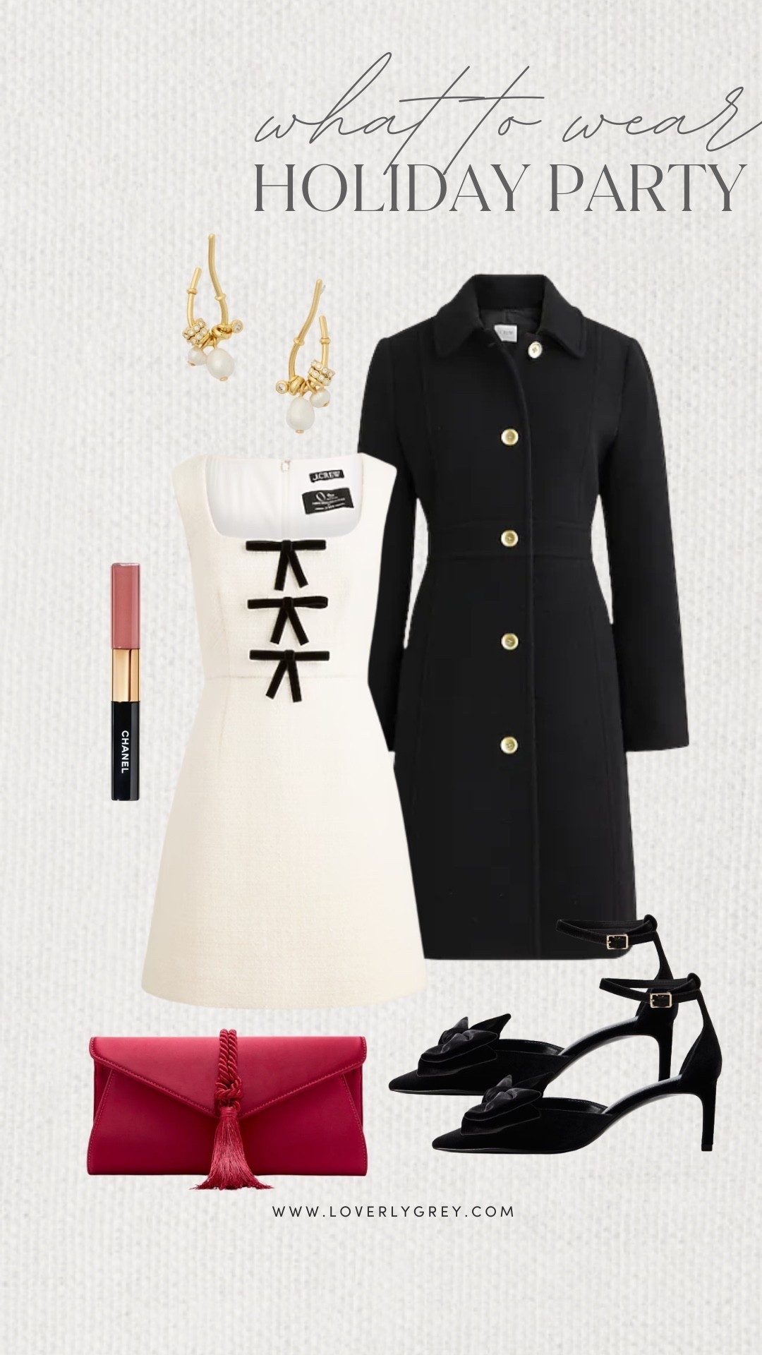 Loverly Grey, what to wear to a holiday party! I am loving this white dress with the black bow detail from J.Crew. I would layer the black coat over top, add the heel, and grab the red tassel bag from Tuckernuck to complete the look. Loverly Grey, what to wear, holiday party 

#LTKHoliday #LTKSeasonal #LTKootd