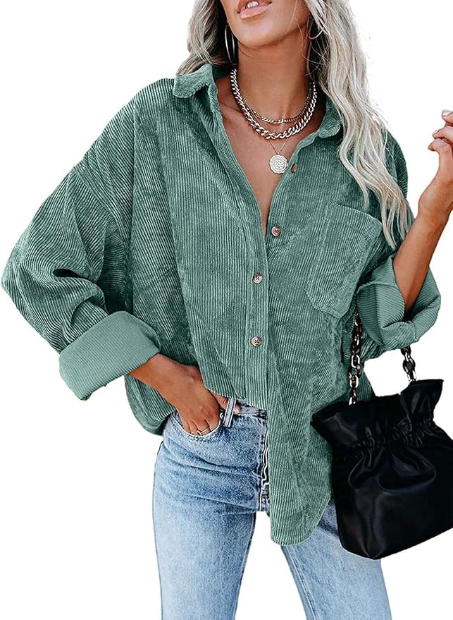 MIHOLL Women Corduroy Long Sleeve Button Down Collared Shirt Jacket Tops | Amazon (US)