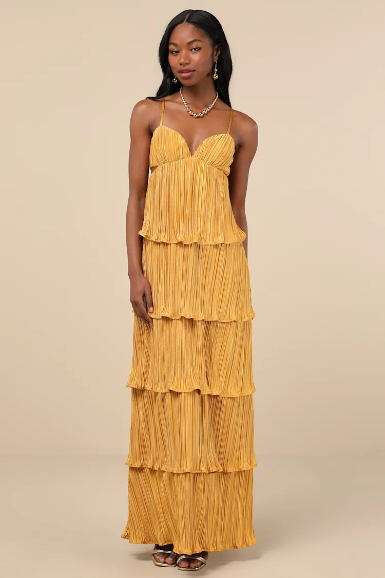 Kanya Marigold Yellow Satin Plisse Tiered Maxi Dress | Lulus