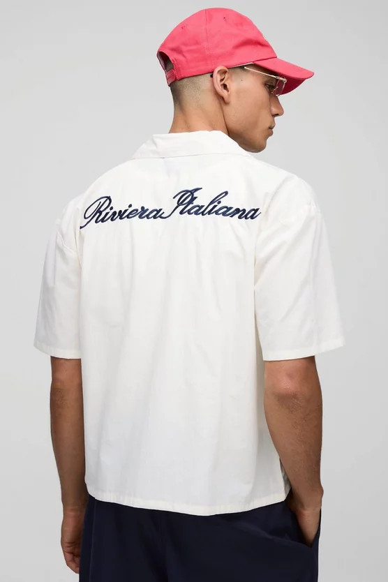 Sfera Oversized Boxy Stripe Riviera Italiana Embroidered Revere Shirt | boohooMAN (US & Canada)