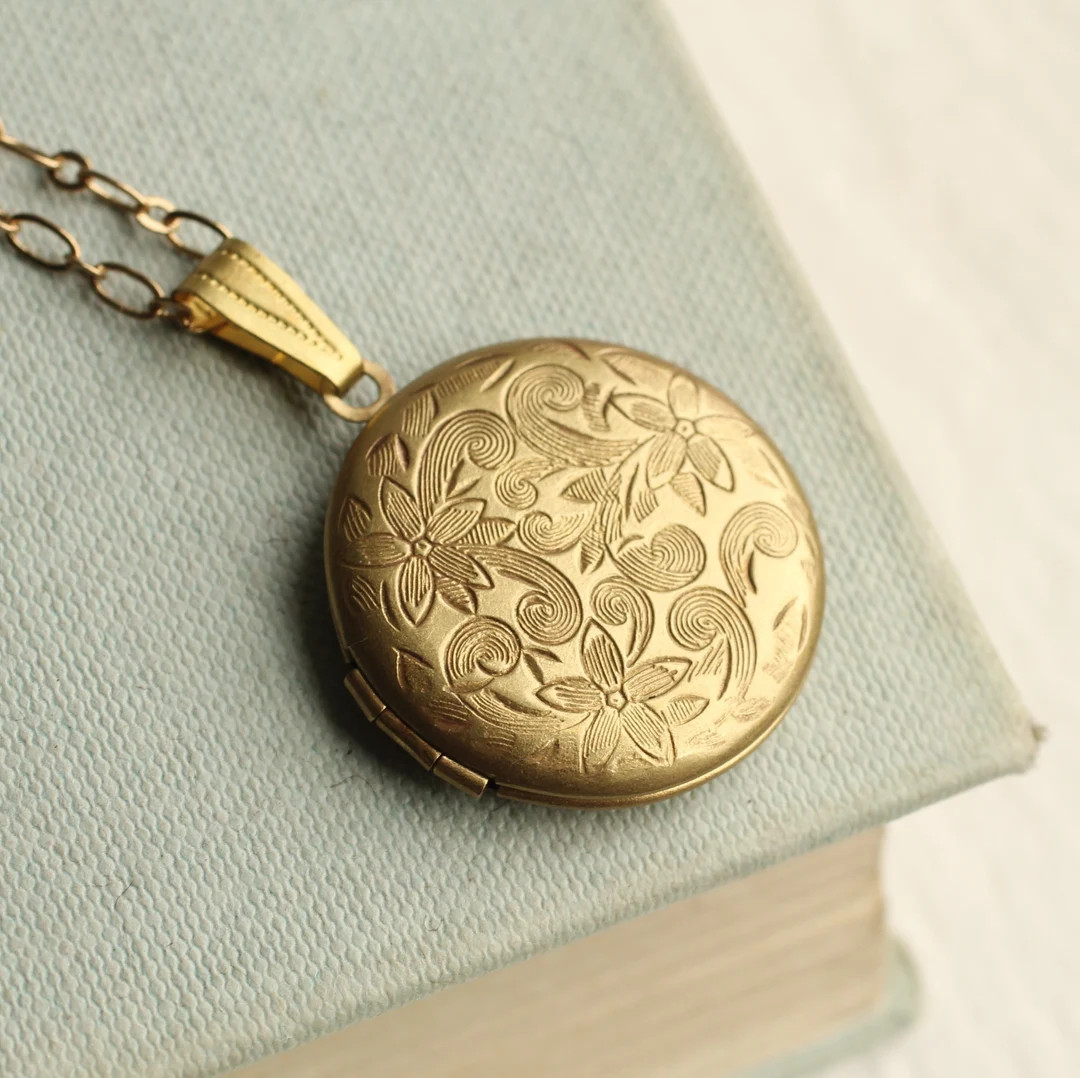 Victorian Flower Locket Necklace, Antique Gold Brocade Engraved Inscription Personalised Photo Lo... | Etsy (US)