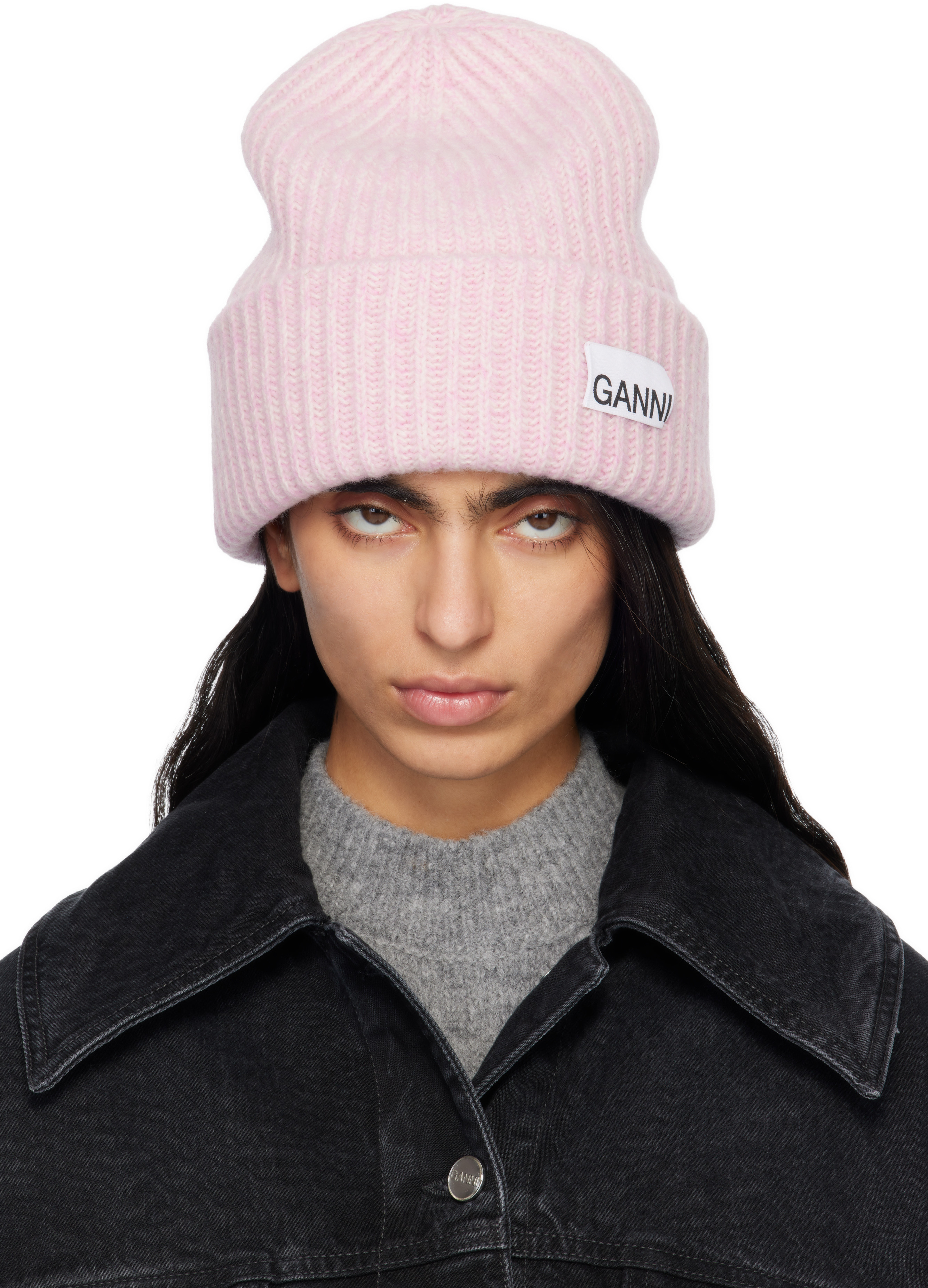 GANNI Pink Oversized Wool Rib Knit Beanie | SSENSE