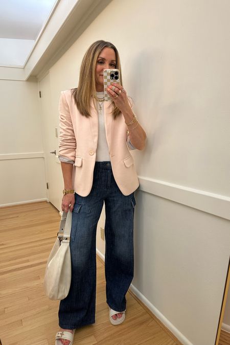 Going out for dinner tonight! Spring outfit, gibsonlook pink blazer with kohls wide leg cargo jeans, slouchy bag, and buckle sandals. Work outfit, office outfit  

#LTKfindsunder50 #LTKworkwear #LTKover40