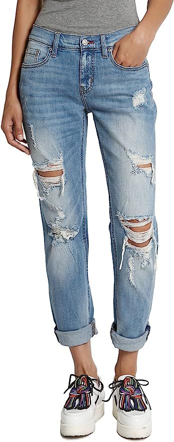 TheMogan Distressed Girlfriend Straight Relaxed Roll Up Jeans in Light Blue Wash | Amazon (US)