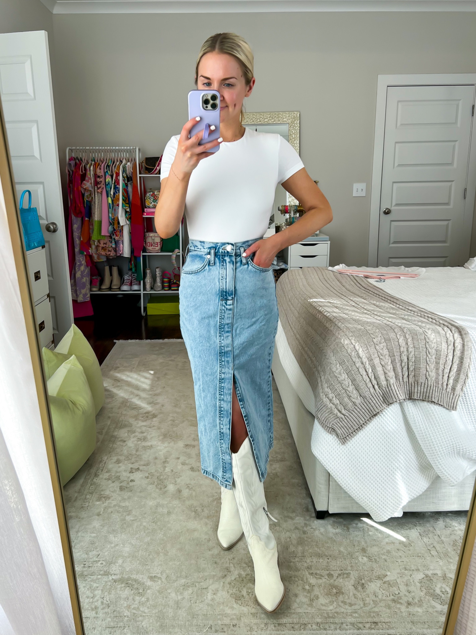 Denim midi skirt / how to style denim midi skirt / spring trends / denim midi skirt with western boots / jean skirt / midi jean skirt
Size: XXS (a bit snug but XS was sold out at the time) 

#LTKSeasonal #LTKstyletip #LTKFestival