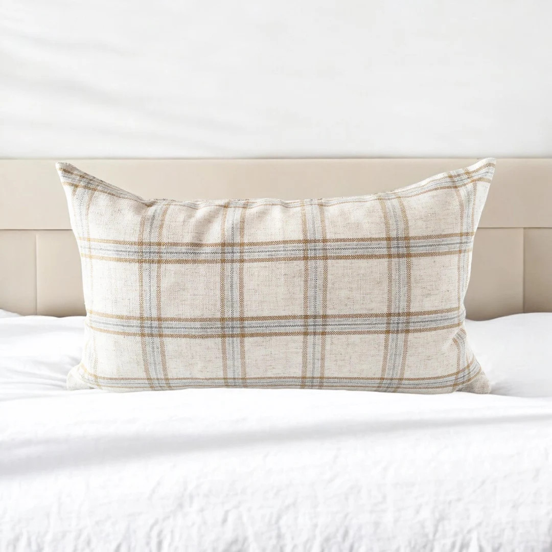 Beige Plaid Lumbar Pillow Beige Neutral Throw Pillow Plaid Modern Pillow Cover Brown Plaid Bed Bo... | Etsy (US)