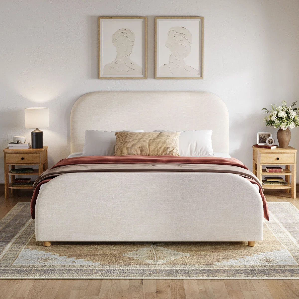 Ashbourne Platform Bed With Curved Linen Blend Upholstered Headboard And Solid Wood Legs | Wayfair North America