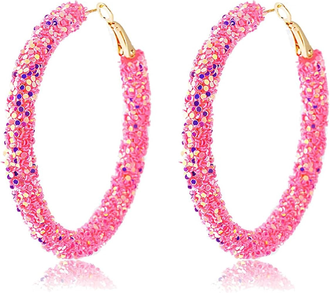 Bohemian Shiny Glitter Sequins Hoop Earrings Wrapped Gold Plated Circle Statement Rhinestone Dang... | Amazon (US)