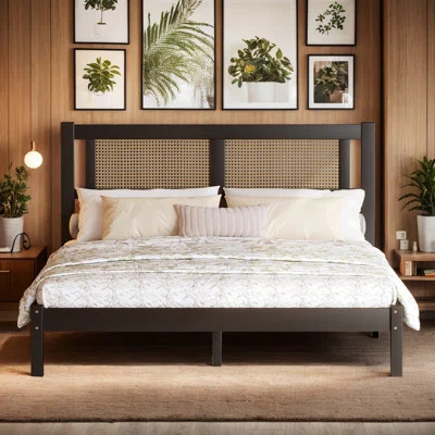 Wooden Platform Bed with Natural Rattan Headboard,Elegance with Minimalist Charm for Bedroom | Wayfair North America