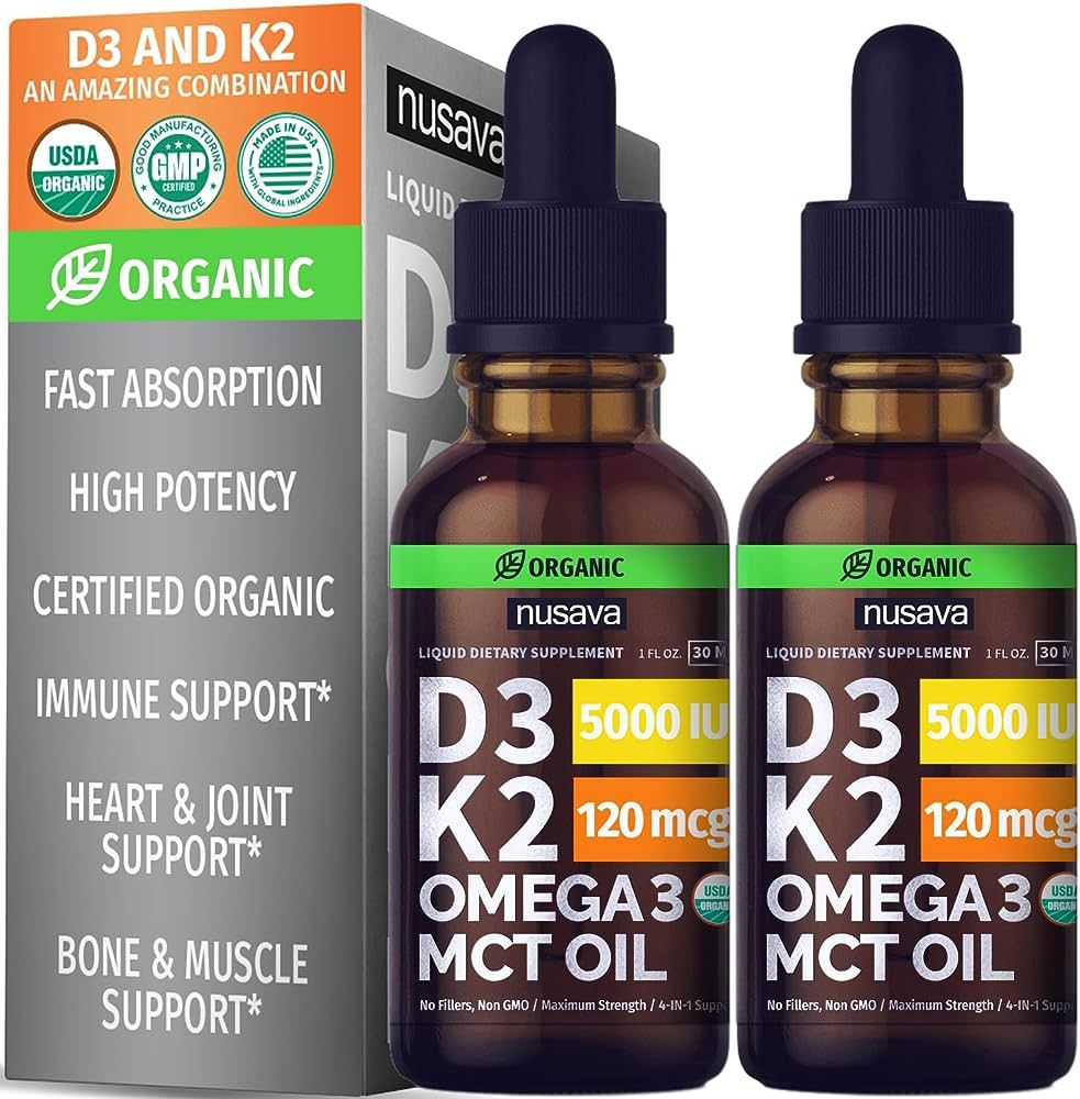 (2 Pack) Organic Vitamin D3 K2 Drops w MCT Oil Omega 3, Maximum Strength Vitamin D 5000 IU, No Fi... | Amazon (US)