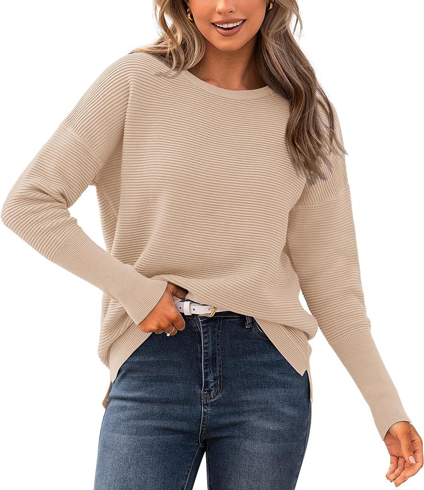 BTFBM Casual Women 2023 Fall Sweater Long Sleeve Ribbed Knit Pullover Loose Crewneck Batwing Split S | Amazon (US)