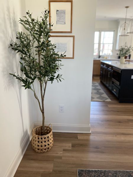 Little corner of my dining room! Featuring my Amazon faux olive tree, and matted picture frames with family recipes handwritten by my husbands grandma! A cute kitchen wall decor idea to copy! 

#LTKhome #LTKfamily #LTKfindsunder100