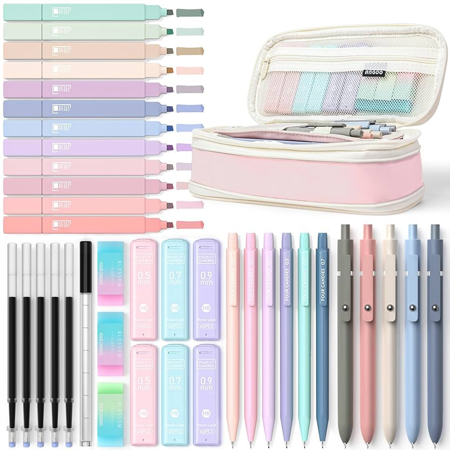 Four Candies 39 PCS Aesthetic School Supplies with Cute Pen Case, 12 Pastel Highlighters, 5 Black... | Amazon (US)