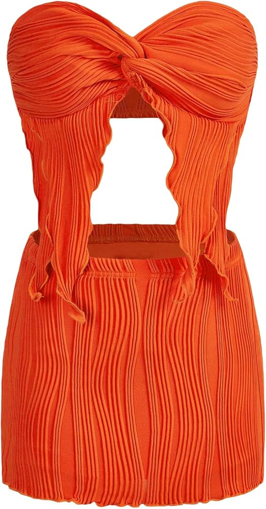 Women's 2 Piece Outfit Twist Front Asymmetrical Hem Crop Tube Top and Bodycon Skirt Set | Amazon (US)