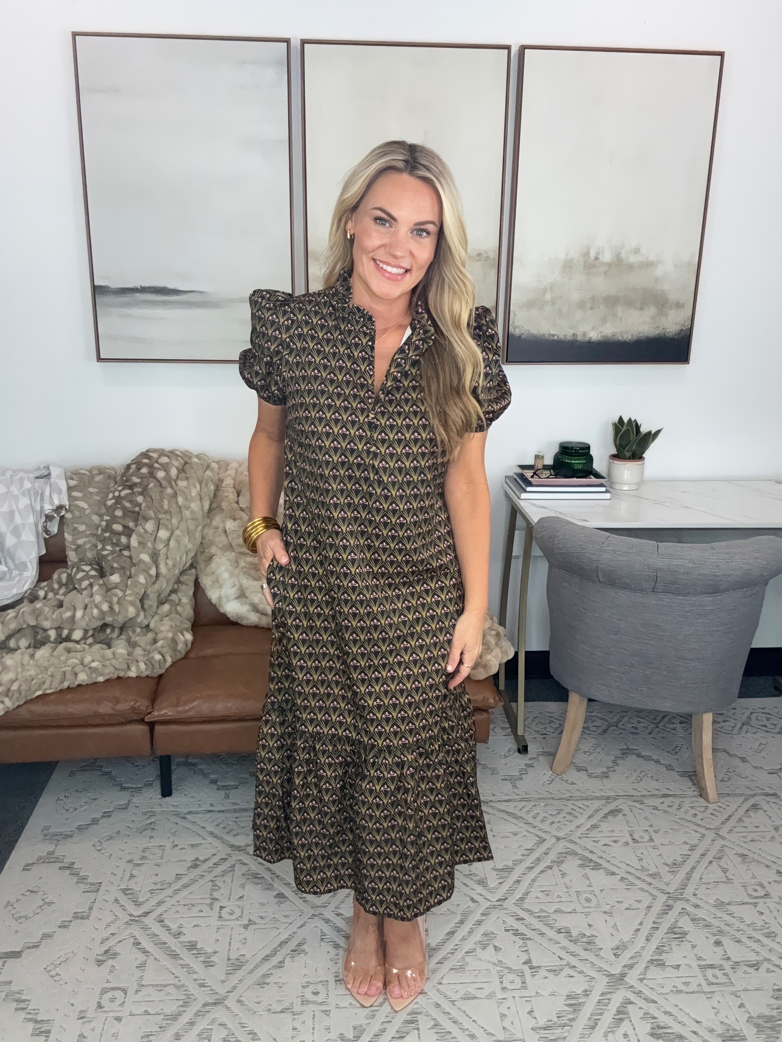 This printed maxi dress is one of those pieces that makes getting dressed for the office incredibly simple. The puff sleeves and subtle ruffle detail give it shape, while the darker print is perfect for transitioning into fall.

printed maxi dress, fall work dress, office outfit, puff sleeve dress, business casual style, fall workwear, printed dress, desk to dinner outfit, professional style, transitional dress, AudrieDollins

#LTKootd #LTKSeasonal #LTKWorkwear