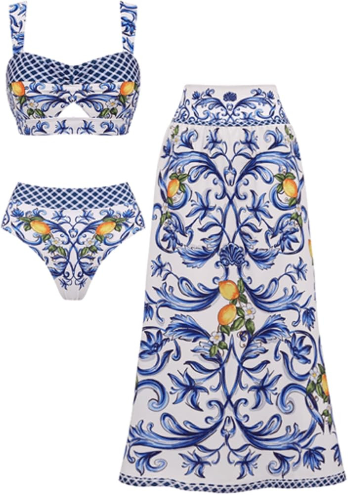 FLAXMAKER Women's High Waisted Bikini Sets Lemon Print Two Piece Modest Bathingsuit Swimsuit Skir... | Amazon (US)