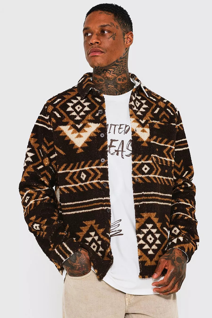 Aztec Print Borg Overshirt | Boohoo.com (US & CA)