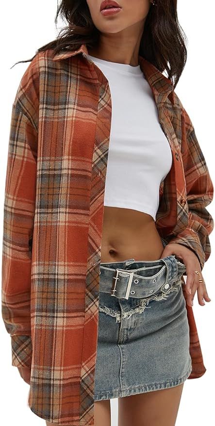 CHYRII Womens Button Down Flannel Shirts Long Sleeve Plaid Shackets Business Casual Blouse Top | Amazon (US)