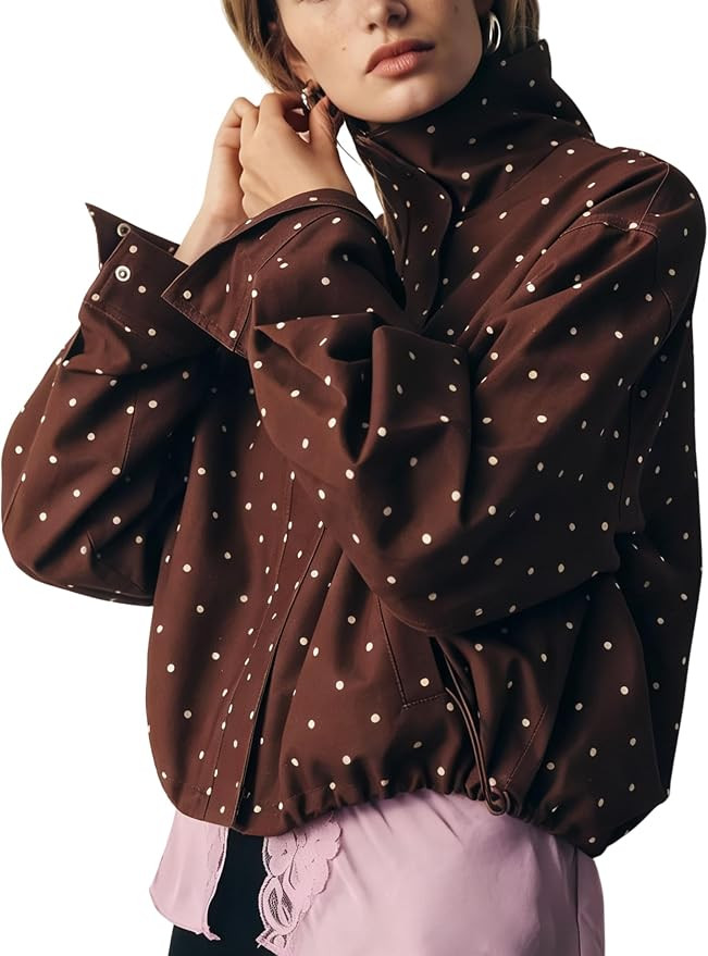 Womens Cropped Polka Dot Jacket Funnel Neck Drawstring Outwear | Funnel neck utility jacket, polk... | Amazon (US)