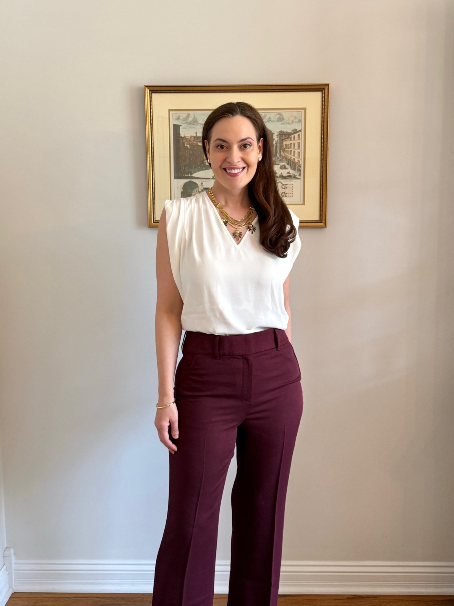 Pre-fall look from WHBM. The pants are lightweight and the port color is perfect for this time of year. Wearing a 6 in the pants. Wearing XS in the top - it’s a little big under the arms. You may want to size down one size - it’s available in a few different colors.

#LTKWorkwear #LTKootd #LTKSaleAlert