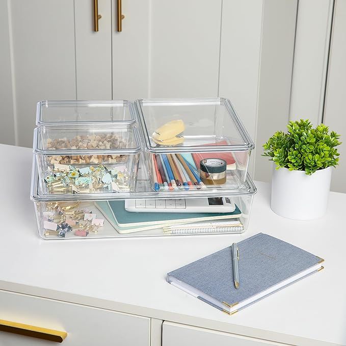 Martha Stewart Brody Plastic Storage Organizer Bins with Lids for Home Office, Kitchen, or Bathro... | Amazon (US)