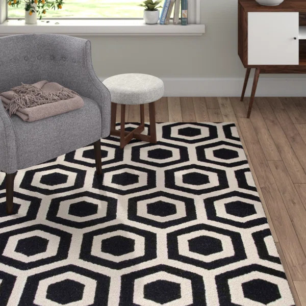 Amandeep Geometric Handmade Tufted Wool Black Area Rug | Wayfair North America