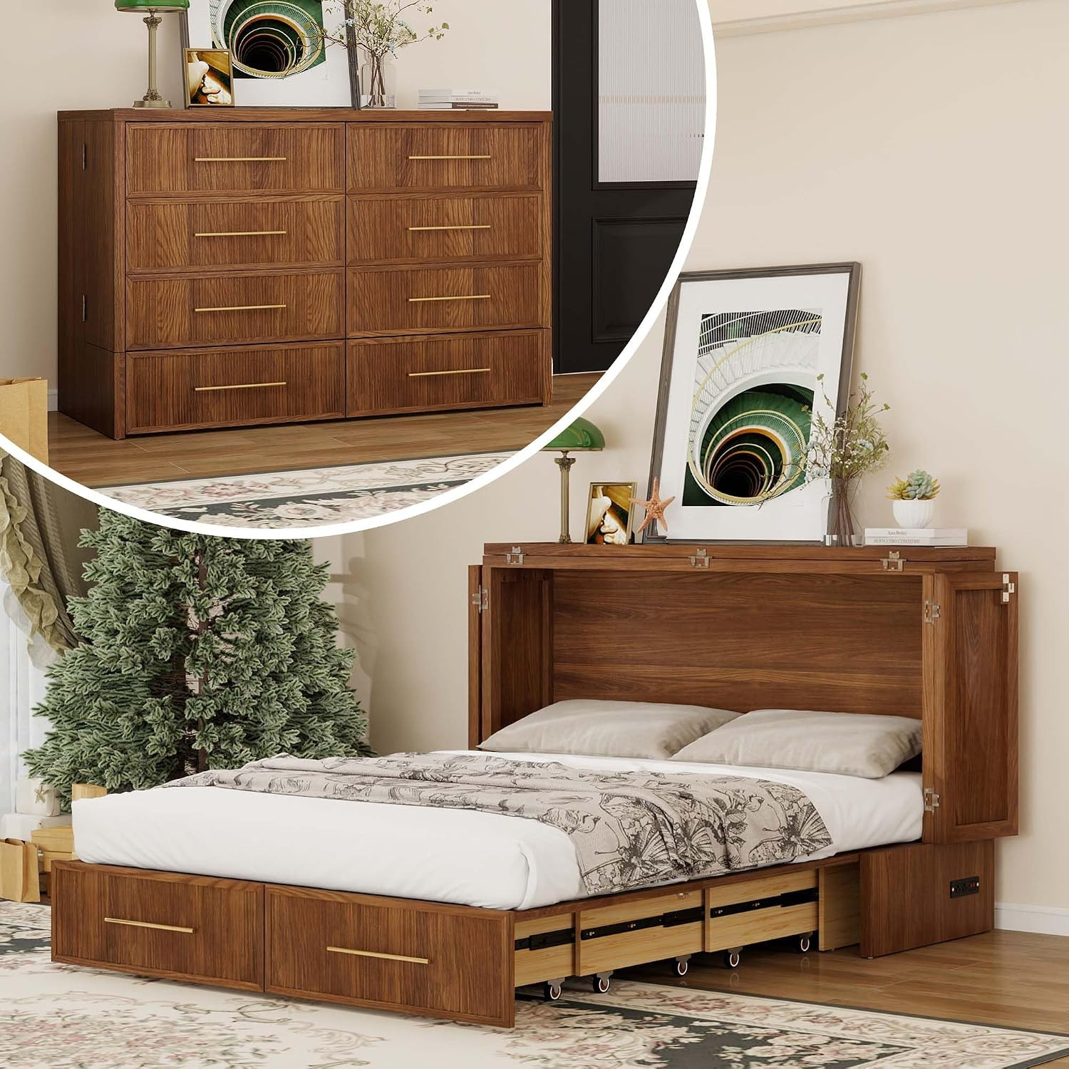 Solid Wood Murphy Bed Queen with Mattress Included,Walnut Finish | Amazon (US)